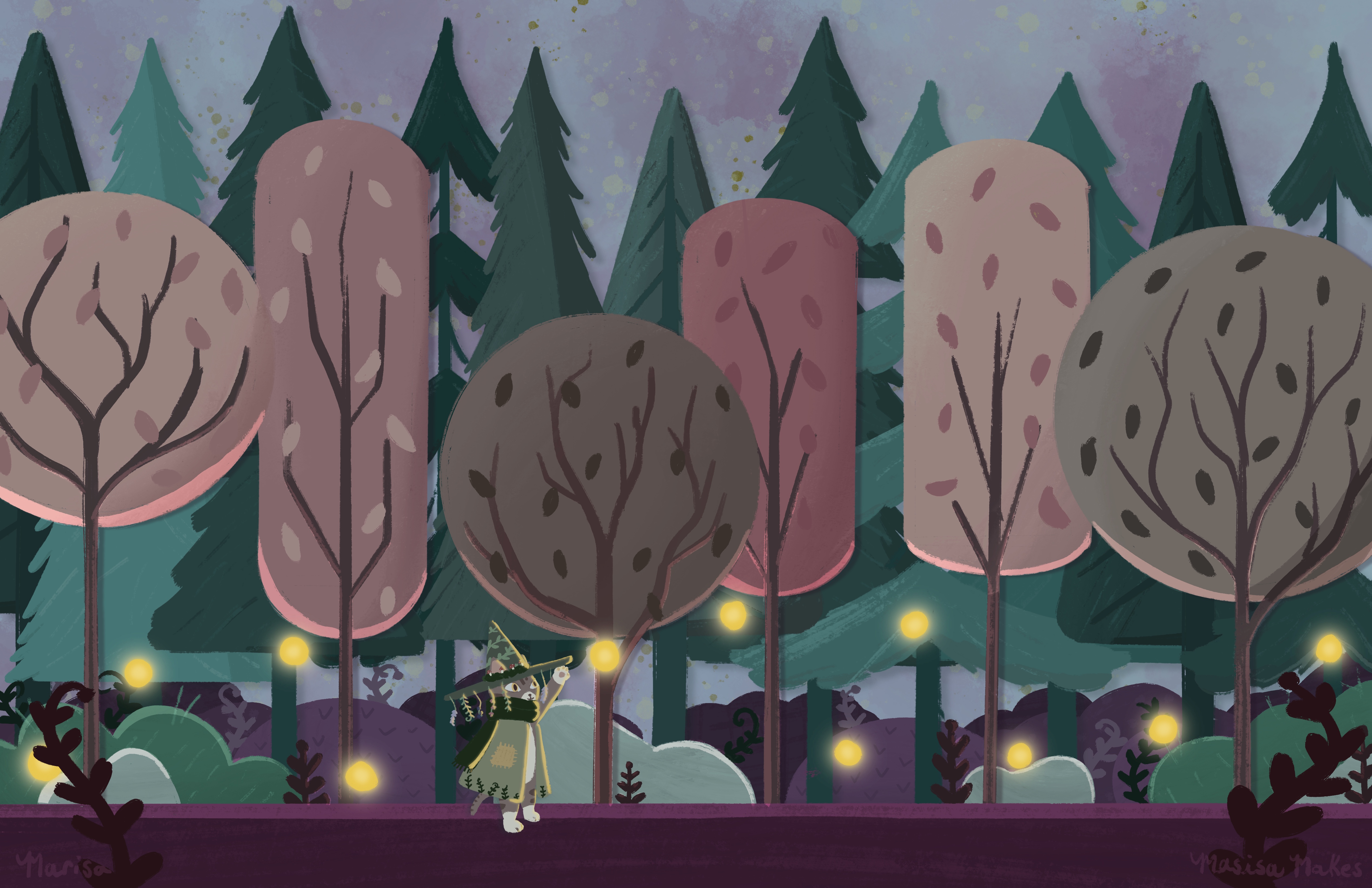 Little Witch Cat, Fireflies
Digital illustration of a cat in a witch hat admiring floating lights in the forest. 